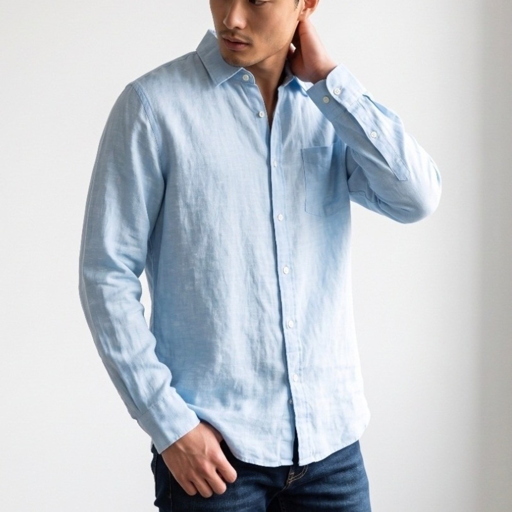 Trenery Men's Linen Button Up Lightweight LS Shirt Light Blue XXXL FLAWED
